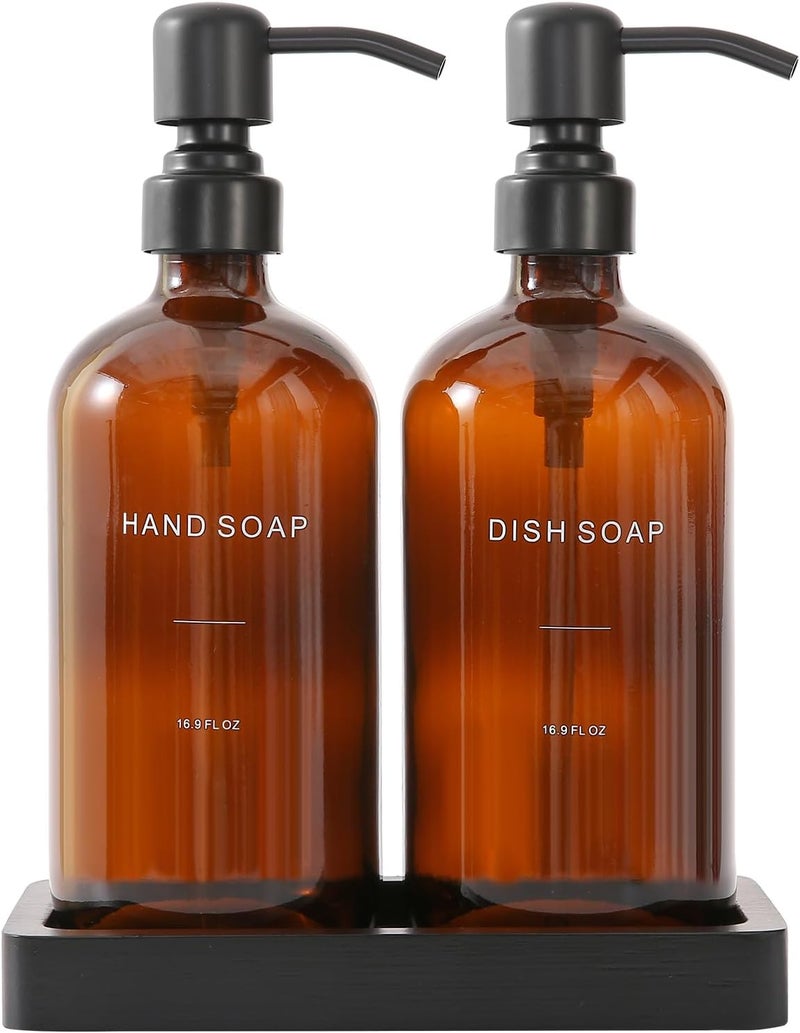 Prus Waso Amber Soap Dispenser Set, Soap Dispenser for Kitchen Sink with Black Stainless Steel Pump, Perfect for Kitchen Accessories Decor. (Amber) - Image 1